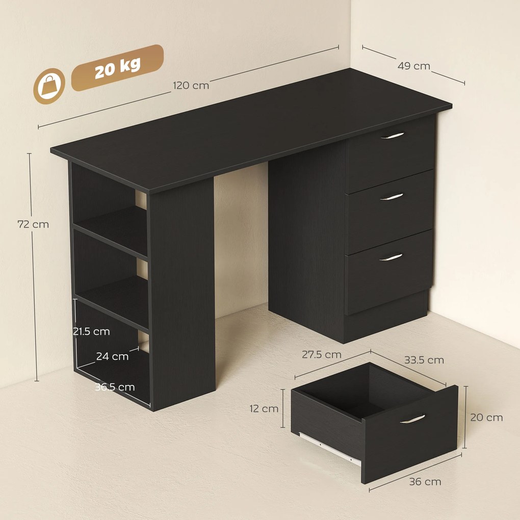HOMCOM Birou de Calculator Modern, Masa de Lucru cu 3 Sertare și Raft pentru Depozitare, Design Elegant, Negru | Aosom Romania