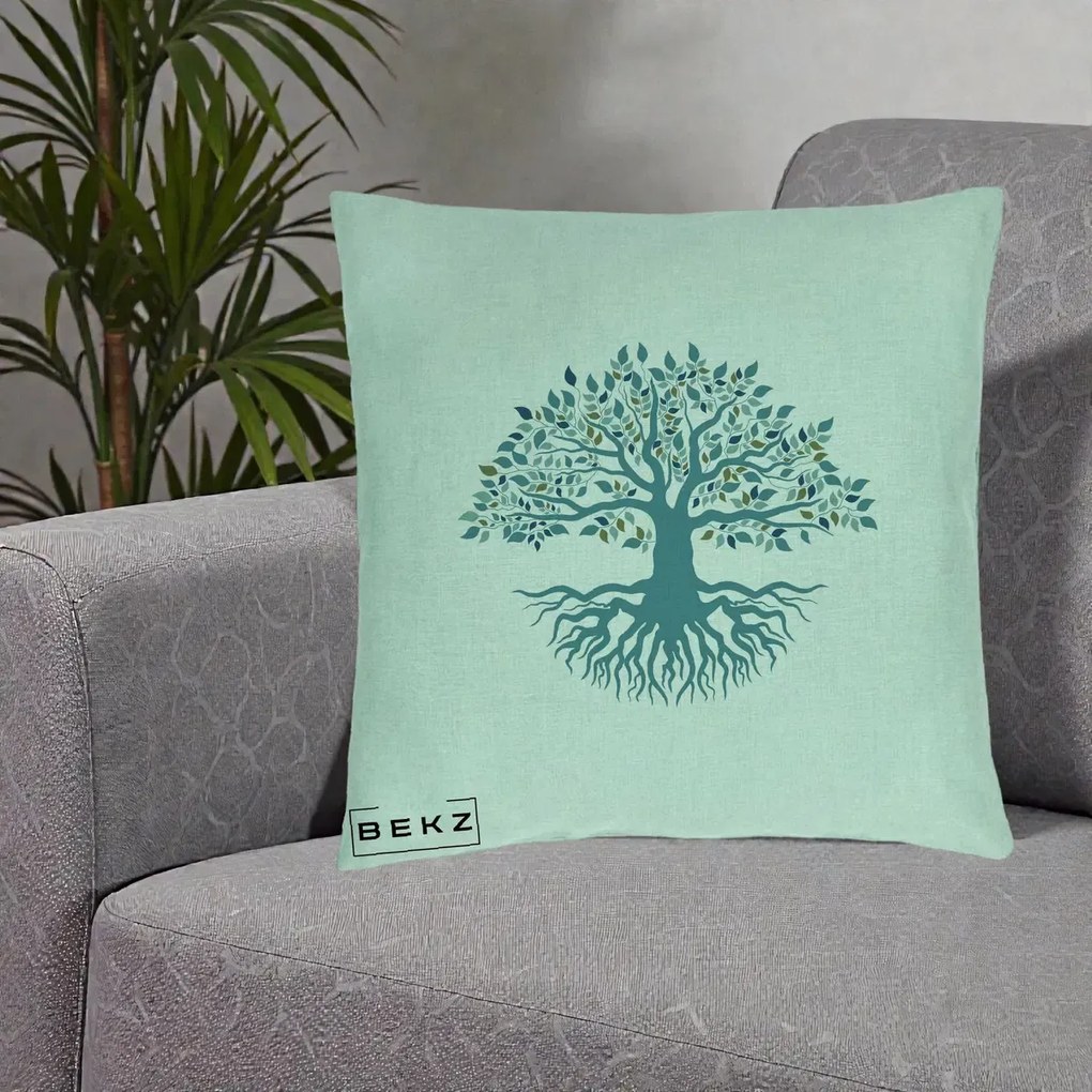 Perna Decorativa Copacul Vietii Teal cu Radacini, 40x40 cm, Verde Menta, Husa Detasabila, Perna Inclusa, BEKZ®