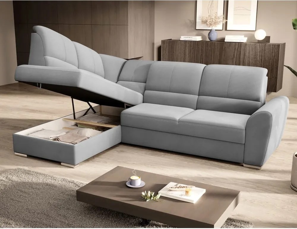 Colțar gri extensibil/cu spațiu de depozitare cu tapițerie din catifea (cu colț pe partea stângă/în formă de ”L”) Siber – ELTAP