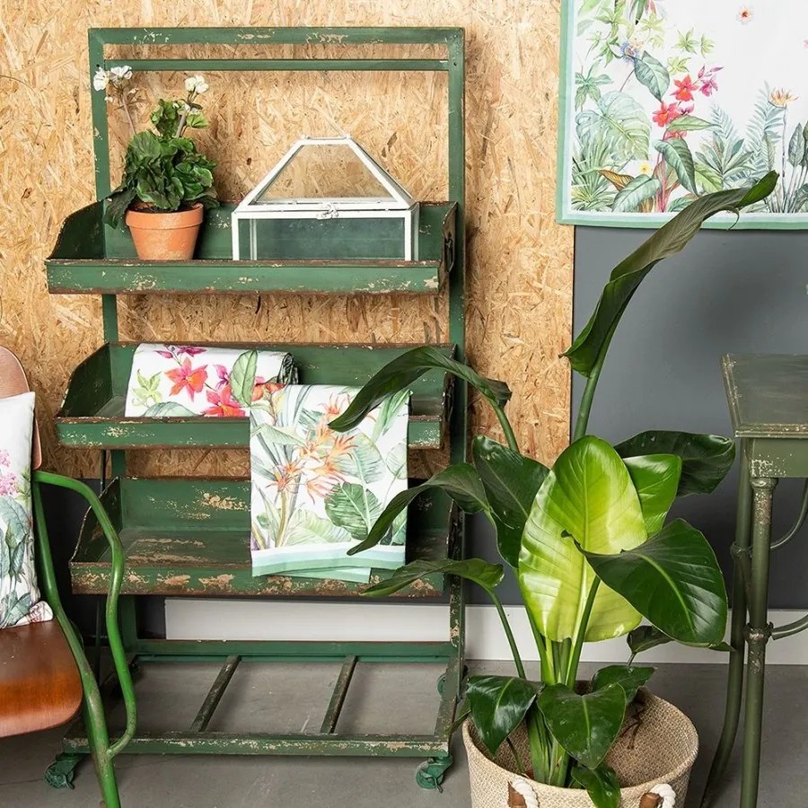 Etajeră vintage din metal cu 4 rafturi, verde antichizat, pe roți, „Greenhouse Charm”