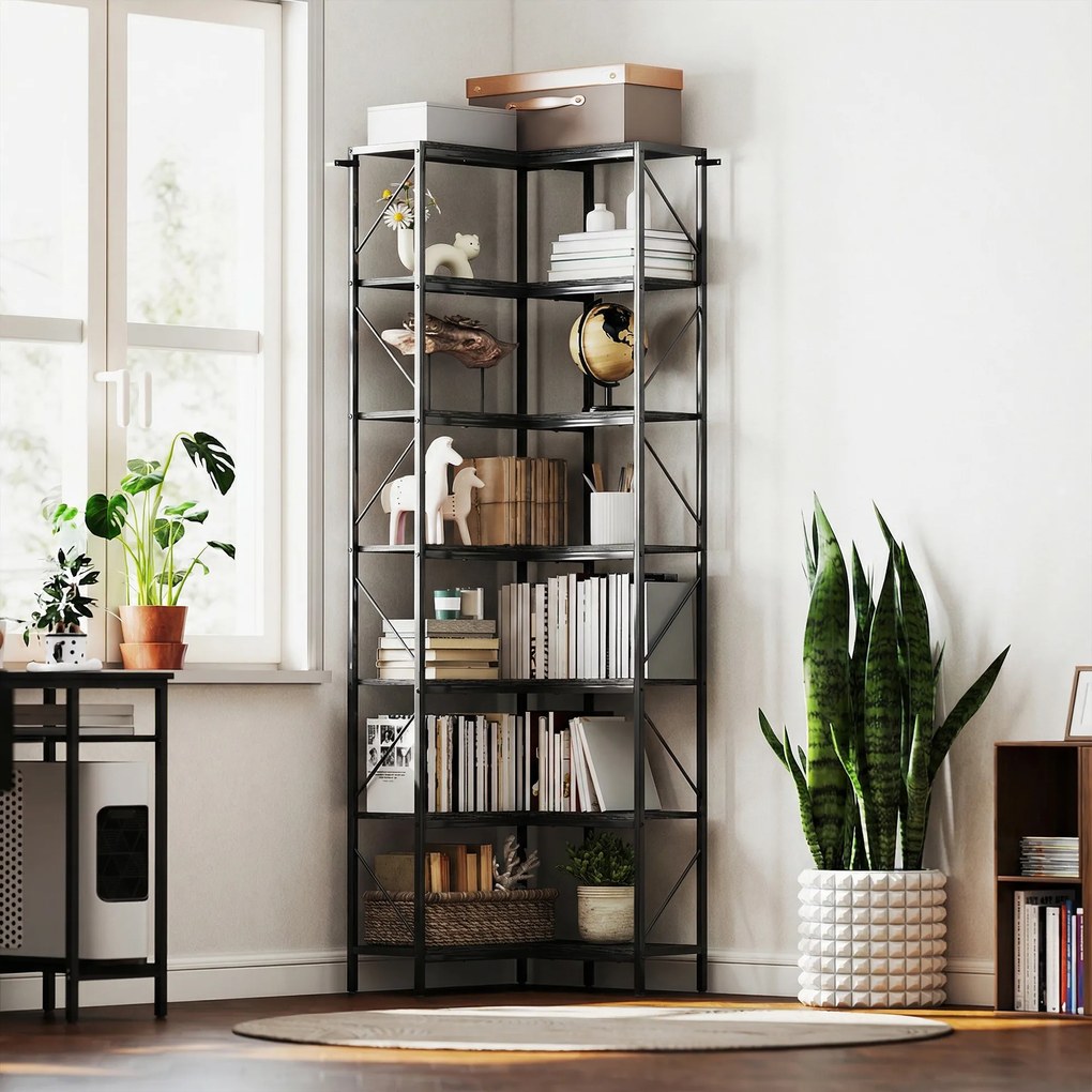 HOMCOM Bibliotecă Colțar cu 7 Rafturi, Stil Industrial, Efect Lemn Negru | Aosom Romania
