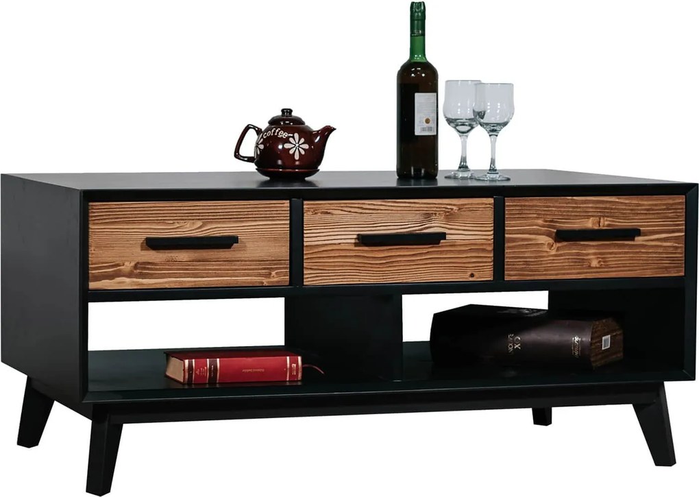 Măsuță lemn masiv de cafea Timeless 3 Sertare 2 Nișe Negru, 110 × 62 × 48 cm