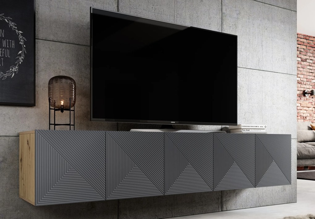 Comodă TV suspendată Asha 200 cm, partea frontală cu riflaj – stejar artisan / rivier stone mat