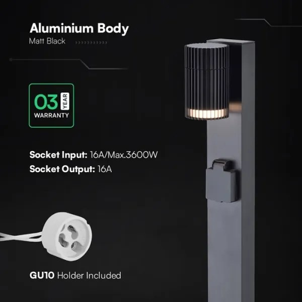 Lampă de exterior cu priză SCHUKO, soclu 1x GU10 (10W), 230V, IP44, 80 cm, neagră