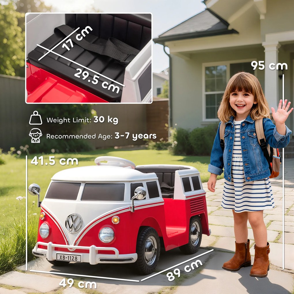 AIYAPLAY Mașinuță Electrică pentru Copii Licență Volkswagen T1 cu MP3 Player, din Metal și PP, 89x49x41.5 cm, Roșu | Aosom Romania