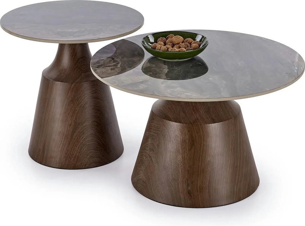 Set 2 masute cafea TOWER, maro cu efect de marmura/nuc