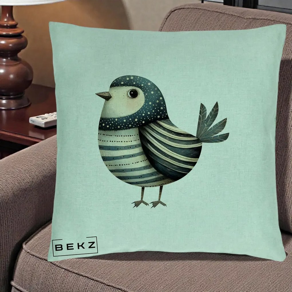 Perna Decorativa Pasare Teal Decorativa Dungata, 40x40 cm, Verde Menta, Husa Detasabila, Perna Inclusa, BEKZ®