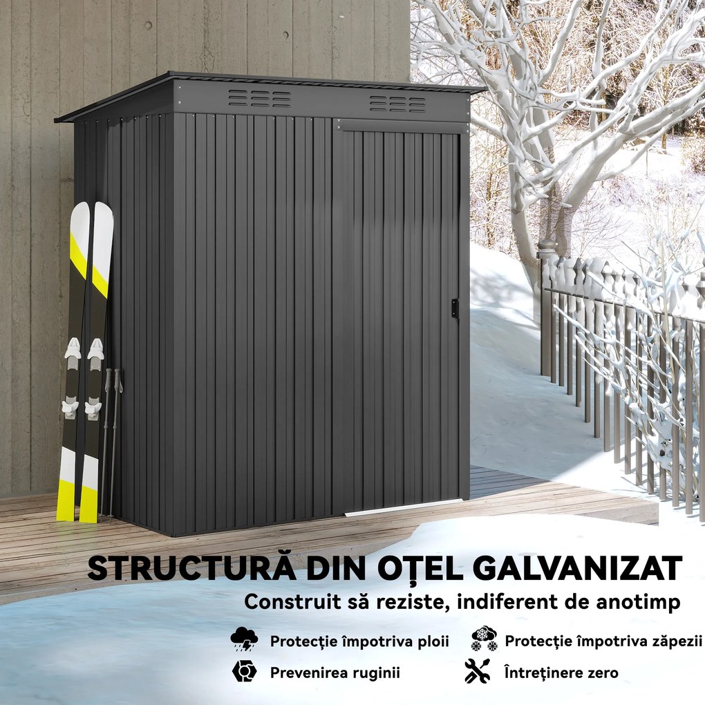Outsunny Căsuță de Grădină 1.37m² din Metal, Montare Ușoară, Depozit pentru Unelte de Grădină cu Fante de Aer, Ușă Culisantă, Acoperiș Înclinat și Mănuși, 159x106x181 cm, Gri Închis | Aosom Romania