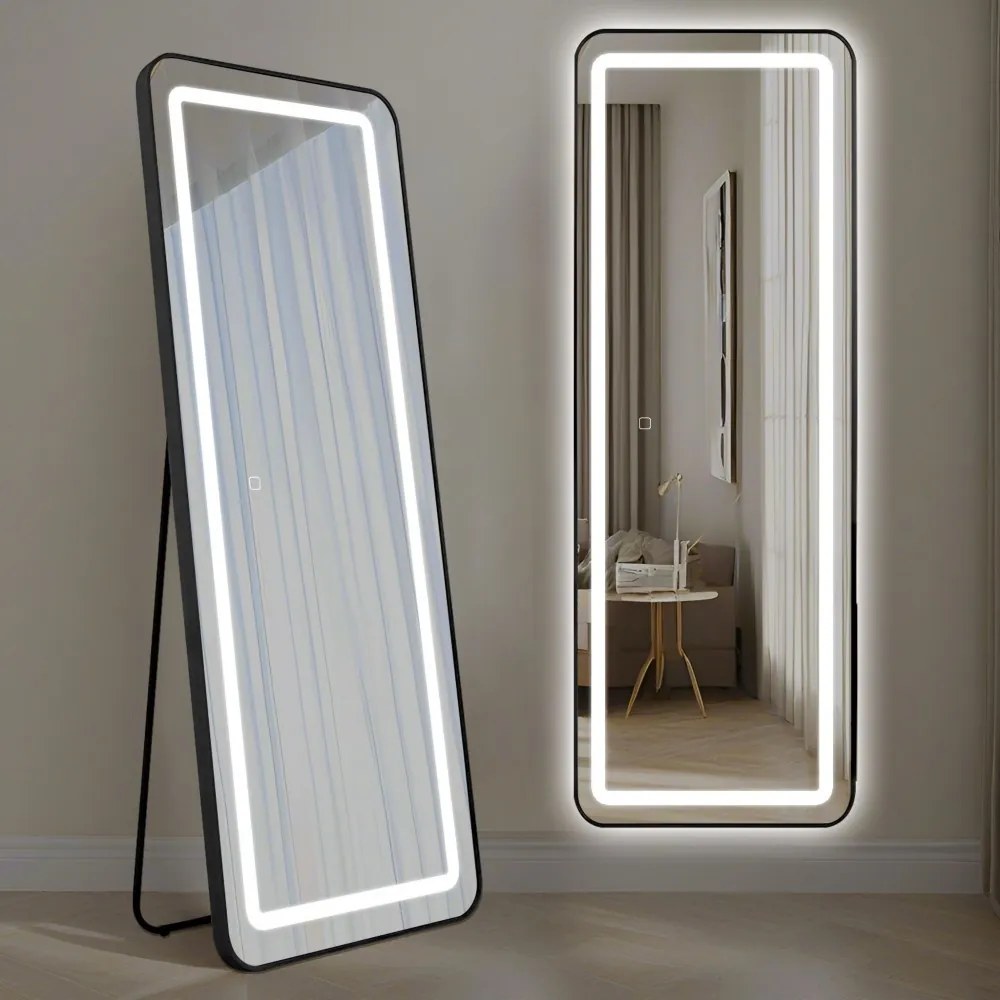 Oglinda LED Dreptunghiulara 50x160 cm, Iluminare 3 Nuanțe, Touch Control & Design Premium Rama Neagra