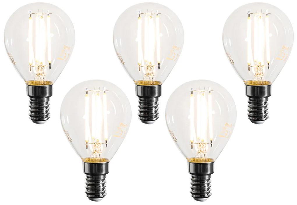Set de 5 becuri cu filament LED E14, reglabile, G45, transparente, 4W, 470 lm, 2700K