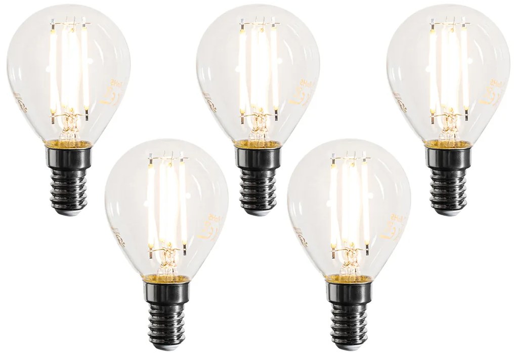 Set de 5 becuri LED cu filament E14, reglabile, G45, clare, 4W 470LM 2700K