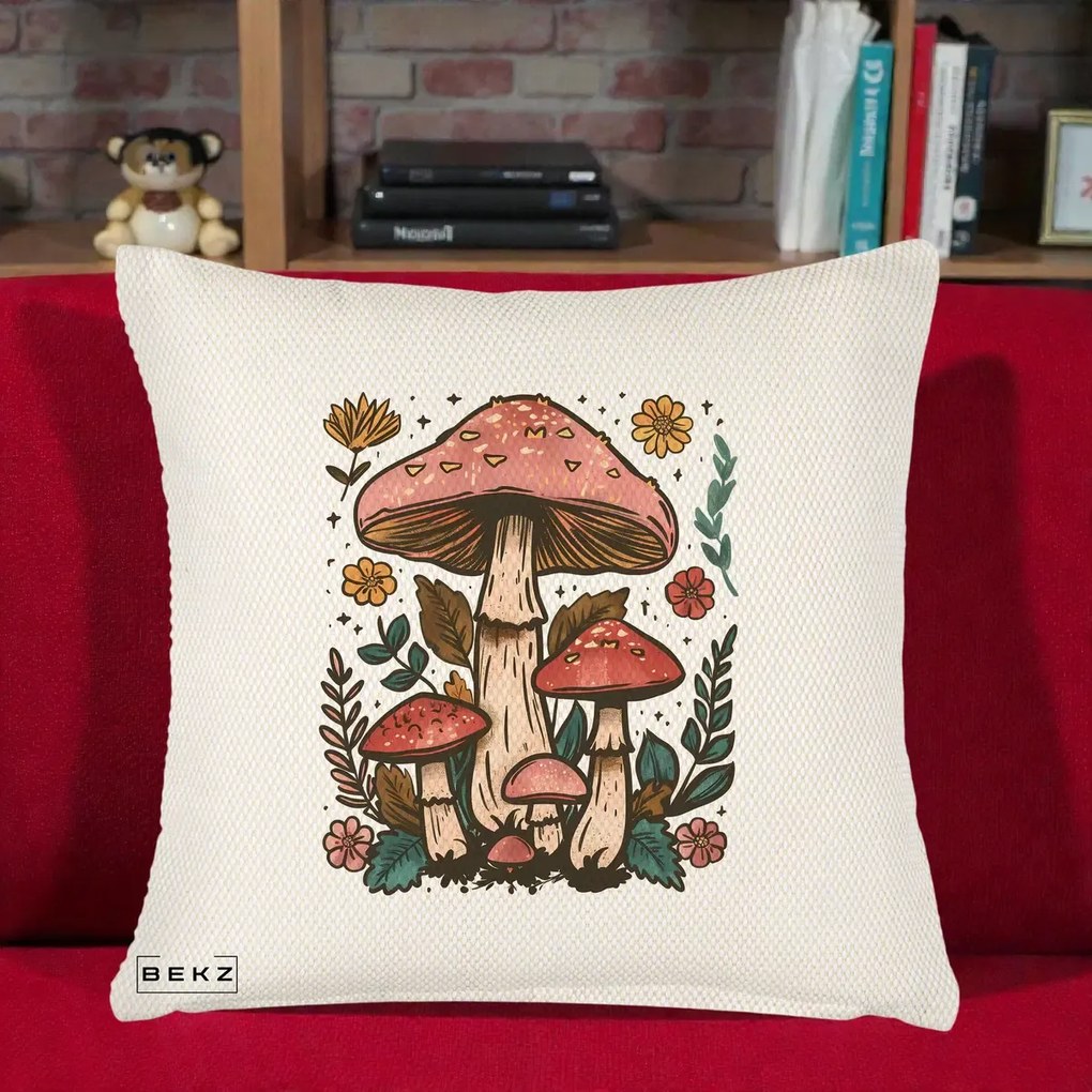 Perna decorativa boho Ciuperci Vintage Floral, 45x45 cm cu Umplutura, Crem Reliefat, BEKZ