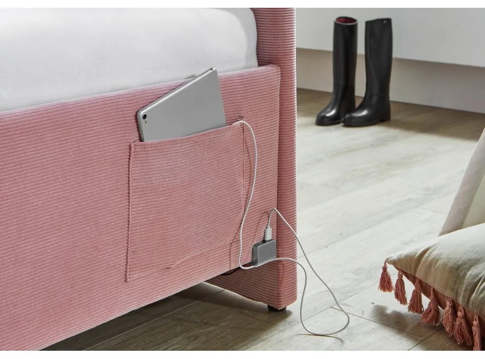 Pat pentru copii roz pe colț tapițat cu spațiu de depozitare cu somieră 140x200 cm Cool – Meise Möbel