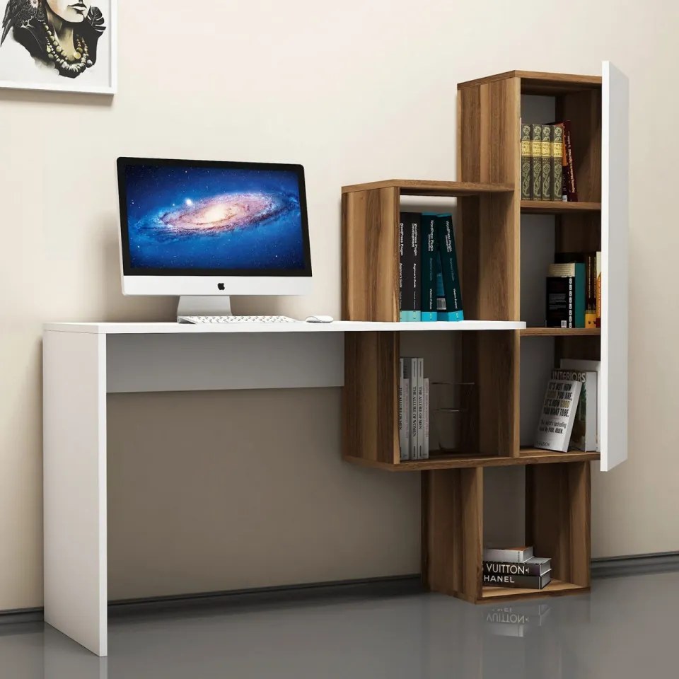Birou de Studiu si Biblioteca, PAL Melaminat, Azalee , Nuc / Alb