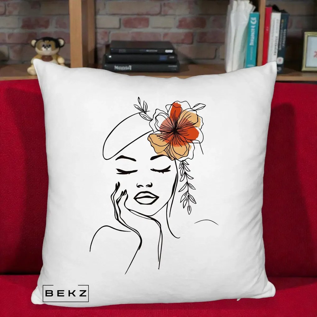 Perna Decorativa Portret Feminin Flori Palarie, 40x40 cm, Alb Pufos, Husa Detasabila, Perna Inclusa, BEKZ®