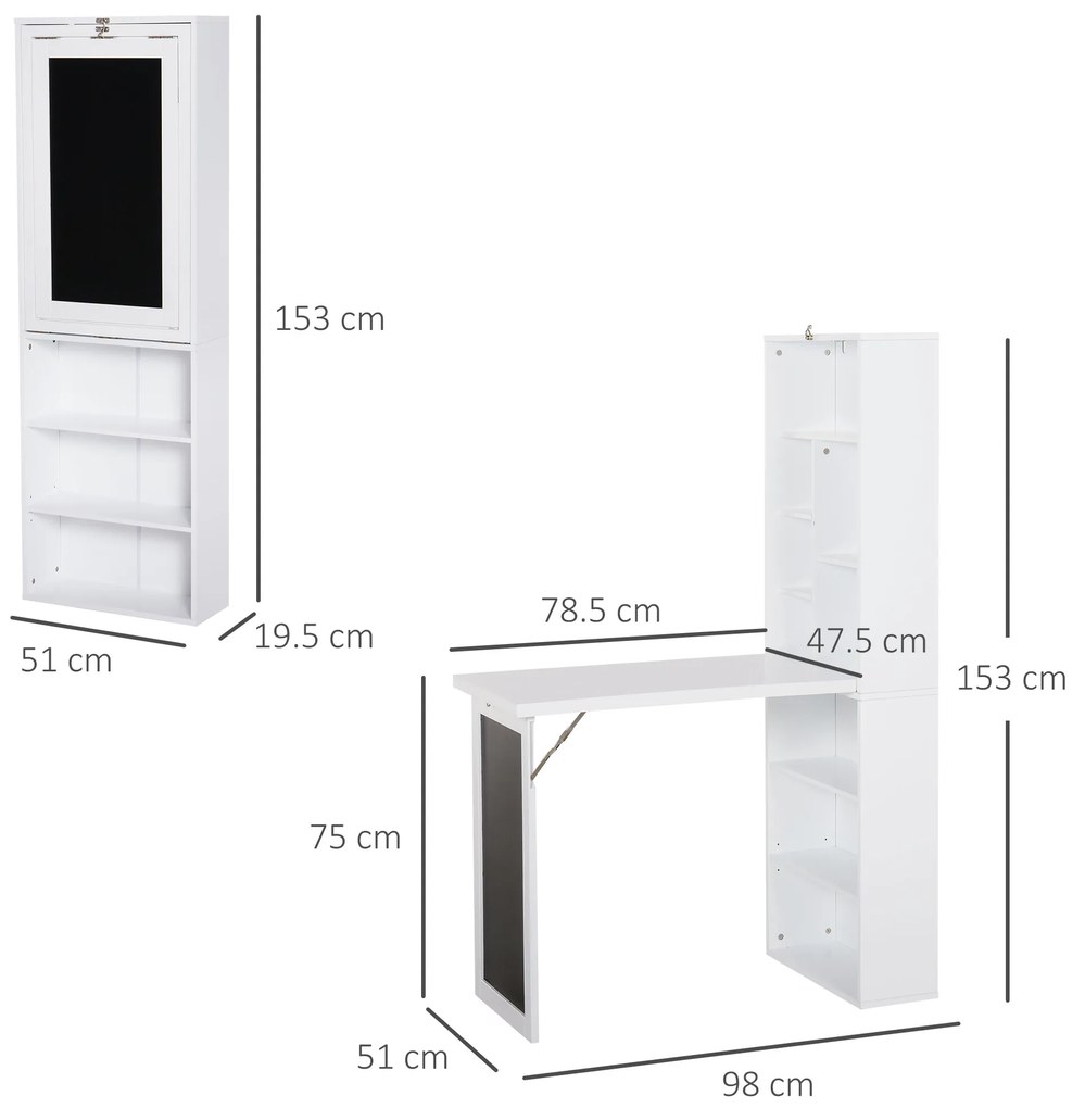 Birou pliabil cu tabla HOMCOM, economie de spatiu, masa alba de lucru | Aosom Romania