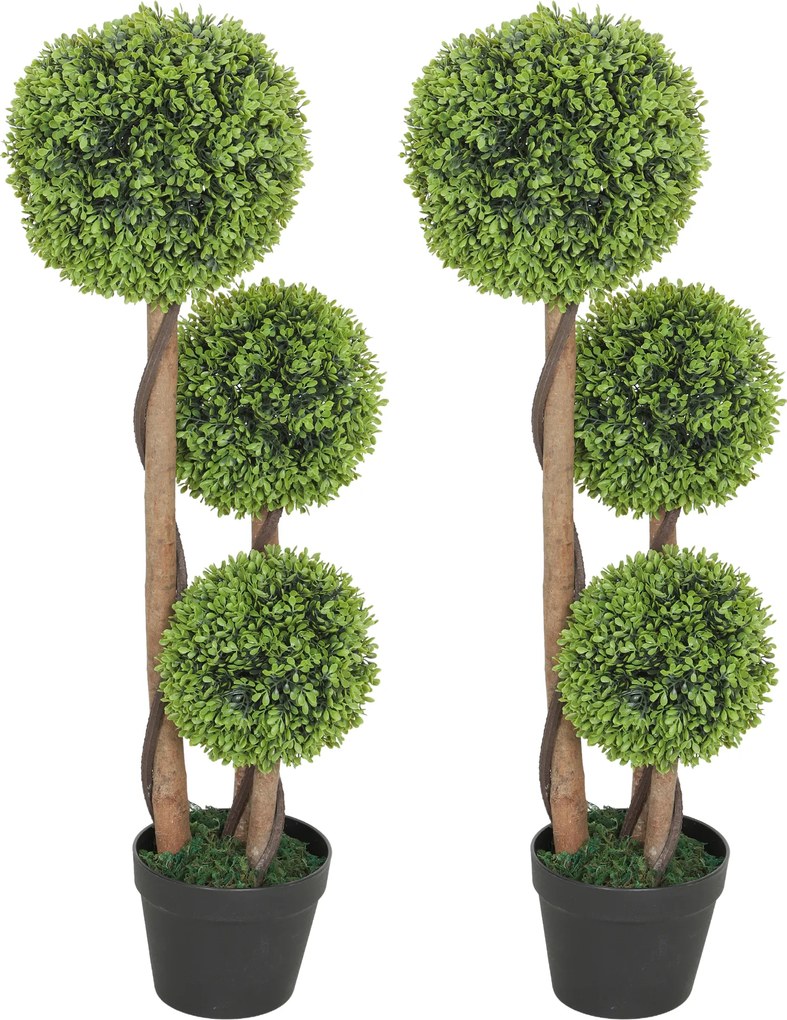HOMCOM Set 2 Plante de Buxus Artificiale cu 3 Sfere, cu Ghiveci și Bază Întărită, Înălțime 90 cm, pentru Interior și Exterior | Aosom Romania