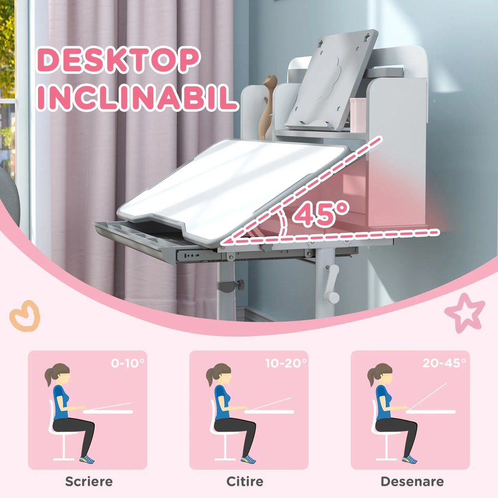 AIYAPLAY Birou Copii 3-12 Ani Reglabile pe Înălțime și Blat Înclinabil la 45°, 80x55x107.5 cm, Gri | Aosom Romania