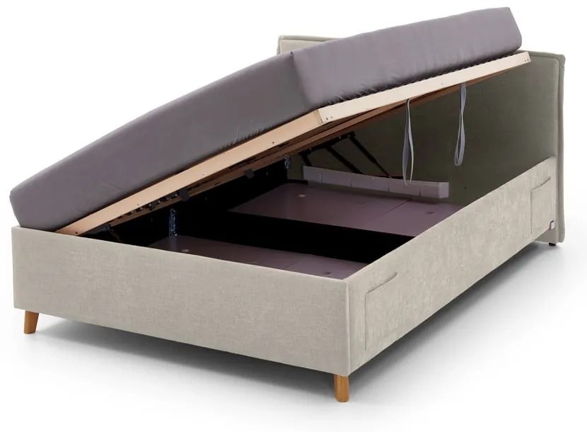 Pat pentru copii bej tapițat cu spațiu de depozitare cu somieră 140x200 cm Fun – Meise Möbel