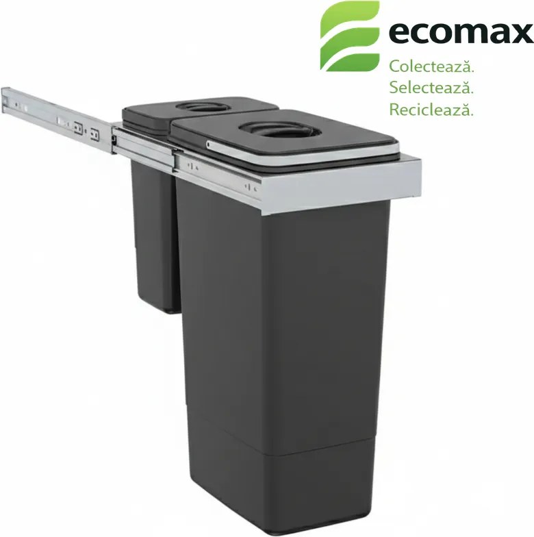 Cos gunoi incorporabil Ecomax Smart Inox 30, cu extragere totala, colectare selectiva, gri antracit, 1 x 26 l + 1 x 7 l Polipropilena Otel