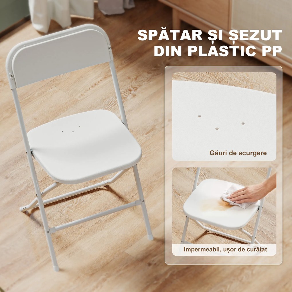 HOMCOM Set de 4 Scaune Pliabile cu Găuri de Drenaj din Plastic și Metal, 45x49x79.5 cm, Alb | Aosom Romania