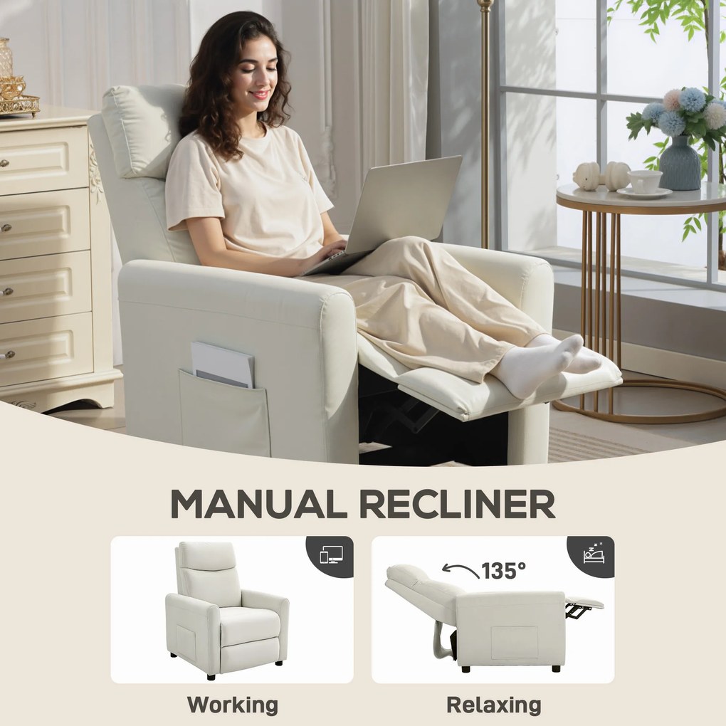 HOMCOM Fotoliu Reclinabil 135° max în Material cu Efect de In, Spumă, Oțel și Lemn, 73x86x100 cm, Crem | Aosom Romania