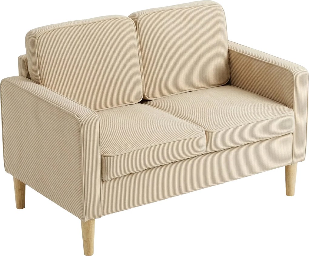 HOMCOM Canapea 2 locuri cu 2 perne decorative, depozitare, picioare din lemn masiv, loveseat mic modern, catifea côtelată, 117 x 63 x 79 cm, bej | Aosom Romania