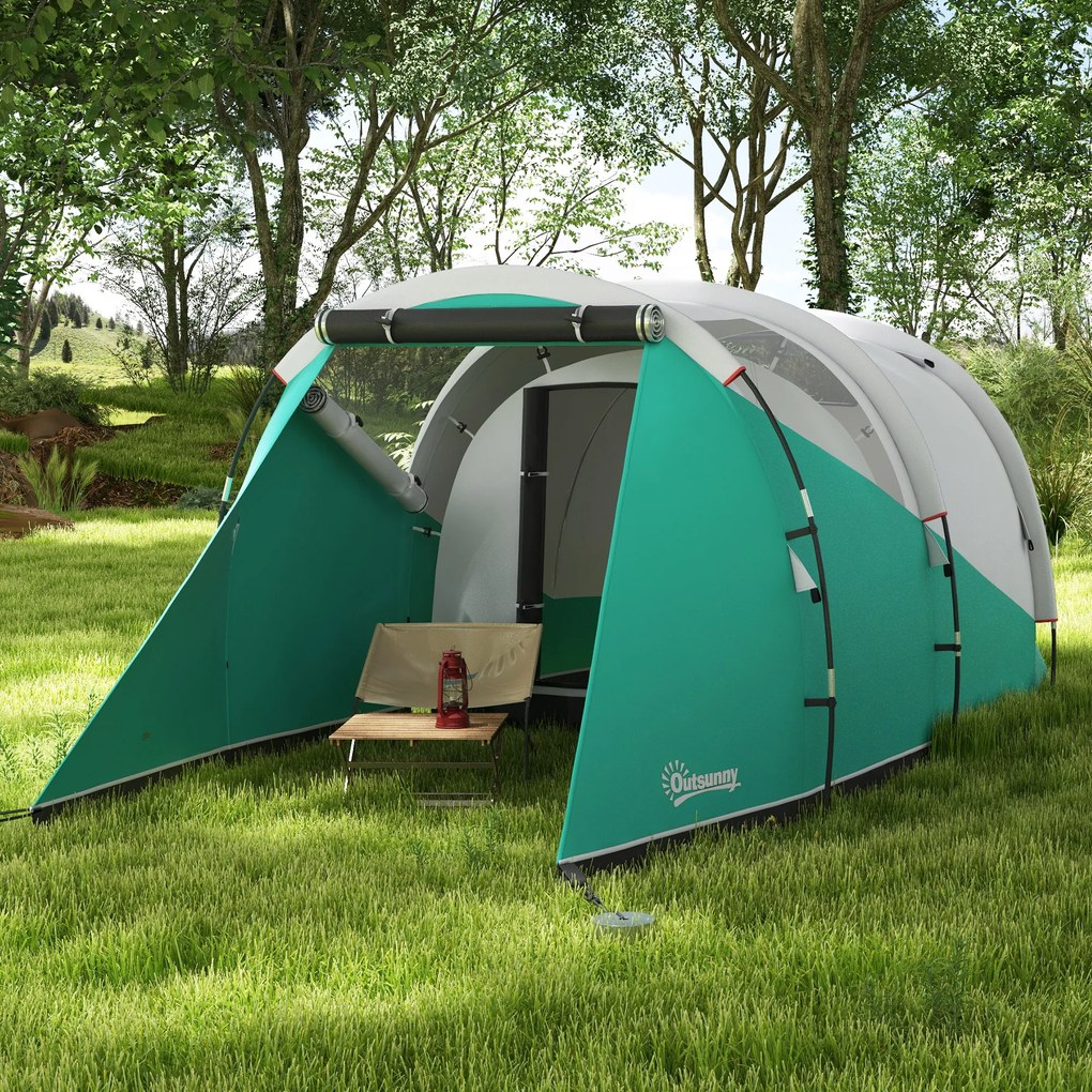 Outsunny Cort de Camping Impermeabil pentru 2-4 Persoane cu Cameră Separată, Cort Tunel cu Geantă de Transport, 460x260x190 cm, Verde | Aosom Romania