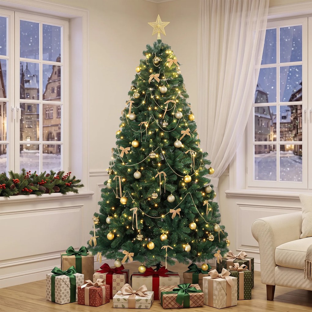HOMCOM Brad de Crăciun Artificial 180 cm cu 240 Lumini LED, 755 Ramuri din PVC, Stea, Globuri, Fundițe, Verde | Aosom Romania