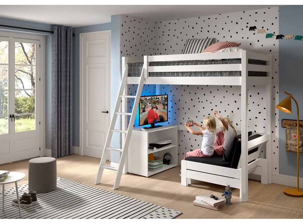 Pat pentru copii alb înalt din lemn masiv de pin cu spațiu de depozitare 90x200 cm PINO – Vipack