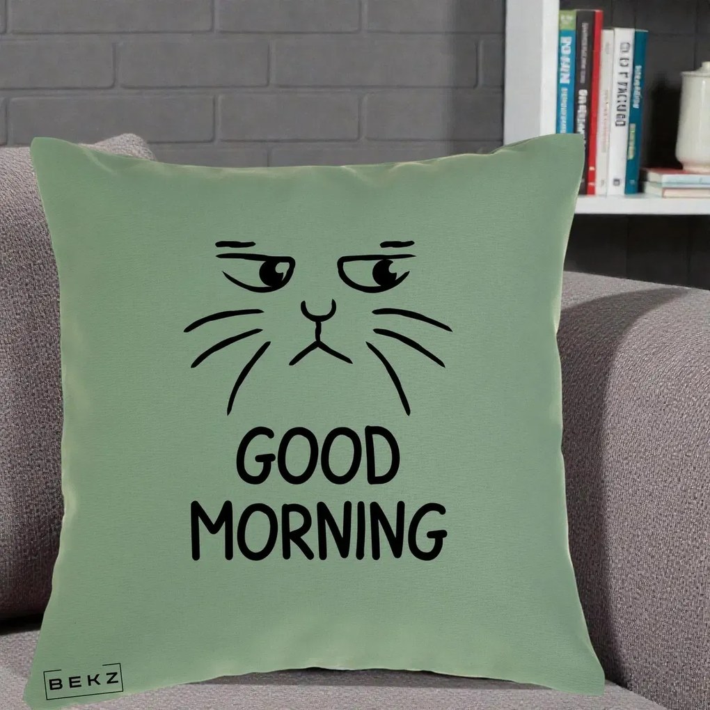 Perna Decorativa Pisica Morocanoasa Good Morning, 40x40 cm, Verde, Husa Detasabila, Perna Inclusa, BEKZ®