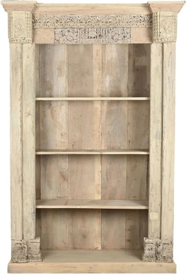 Bibliotecă înaltă din lemn masiv de tec, natur, cu 3 rafturi deschise și sculpturi vechi lucrate manual, 210 x 150 x 60 cm, „Parthenon”