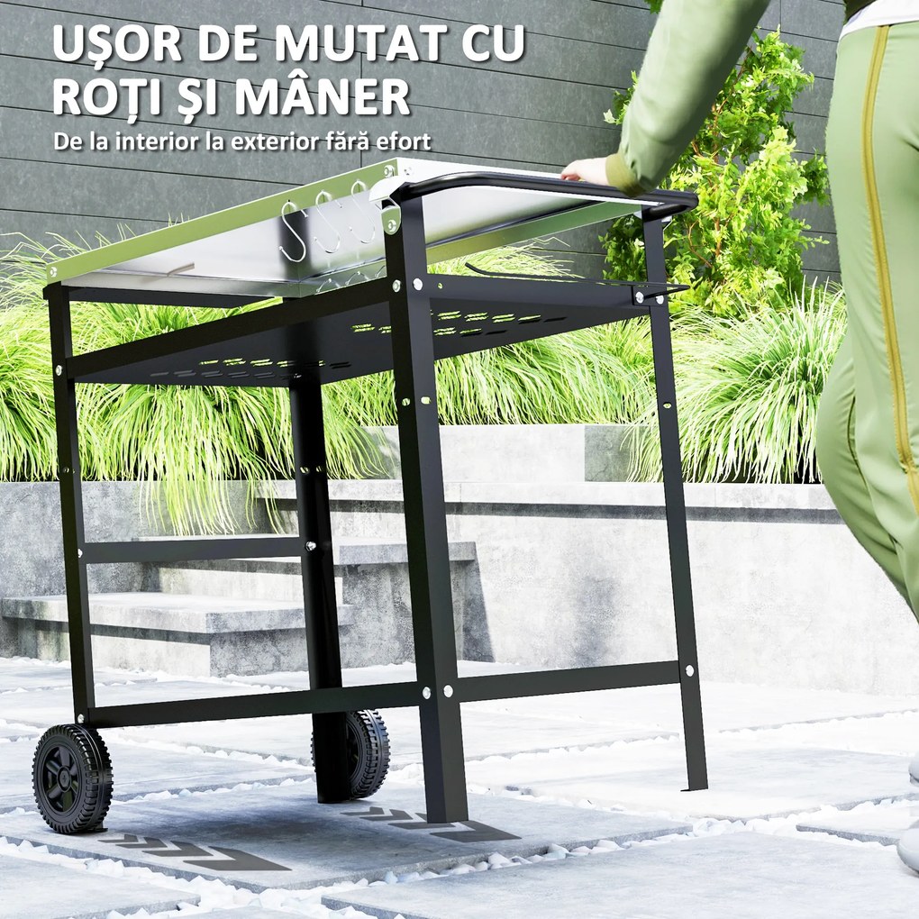 Outsunny Cărucior pentru Grătar cu Blat din Oțel Inoxidabil și Raft Reglabil, 100x52x80 cm, Negru | Aosom Romania