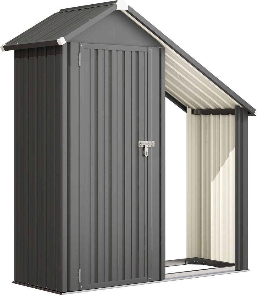 Outsunny Șopron Exterior pentru Lemne cu Dulap pentru Unelte, 0,77 m², 150x66x162 cm, Din Oțel Galvanizat, Gri Închis | Aosom Romania