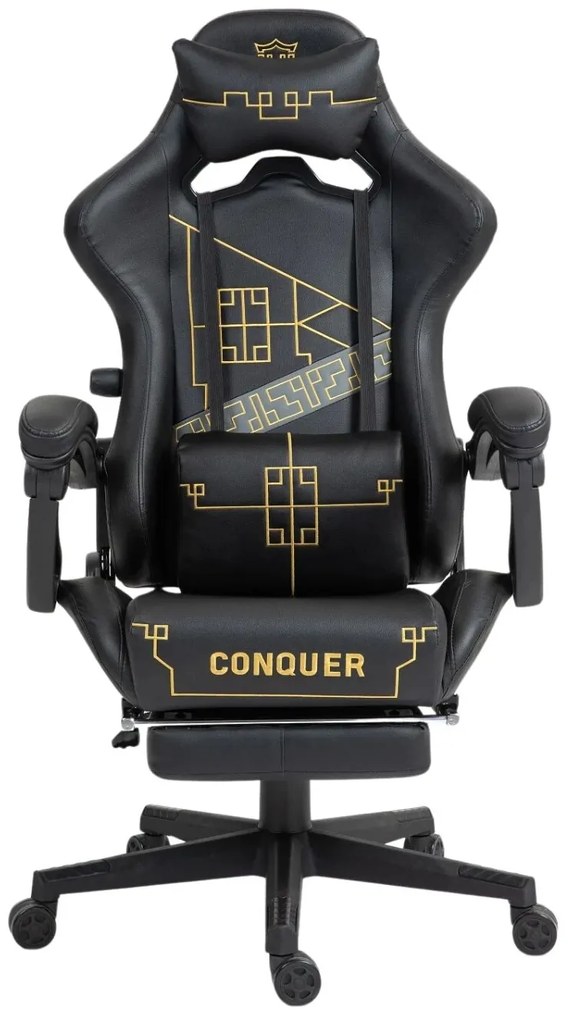 Scaun gaming, ergonomic, perna lombara cu masaj, suport lombar reglabil, spătar reglabil 90-155°, suport pentru picioare, piele PU, Negru/Auriu