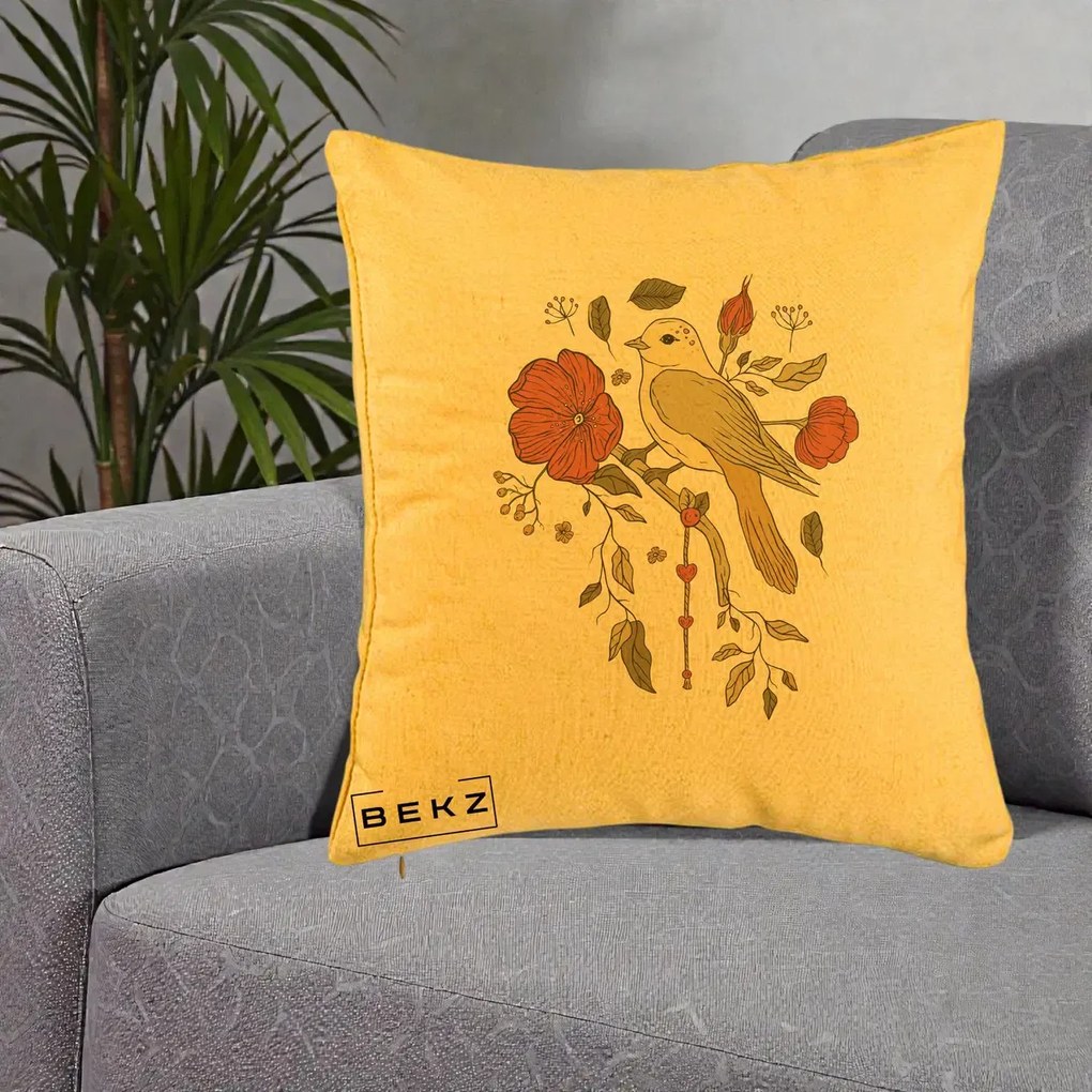 Perna Decorativa Pasare pe Ramura cu Maci, 40x40 cm, Galben, Husa Detasabila, Perna Inclusa, BEKZ®