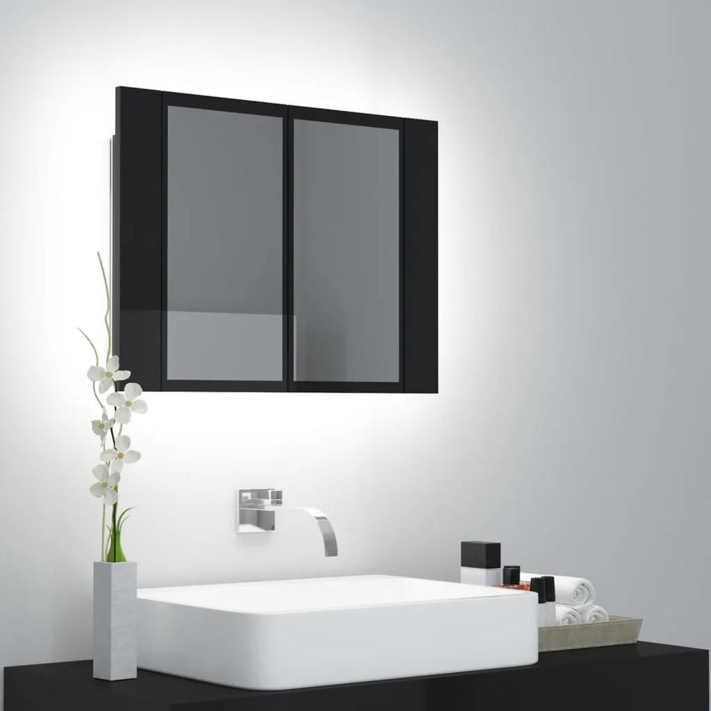 Dulap de baie oglindă/led, negru extralucios, 60x12x45 cm