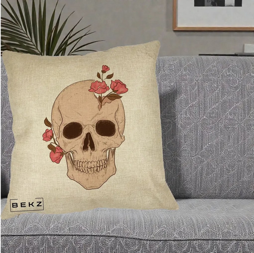Perna Decorativa Craniu Floral Gothic, 40x40 cm, Crem, Husa Detasabila, Perna Inclusa, BEKZ®