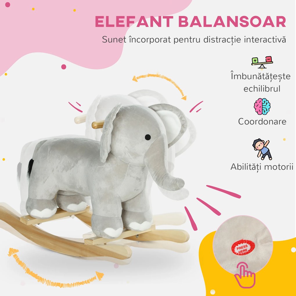 AIYAPLAY Balansoar în Formă de Elefant, Căluț Balansoar din Lemn cu Bază și Sunete Realistice, 64,5x31x52 cm, Gri | Aosom Romania