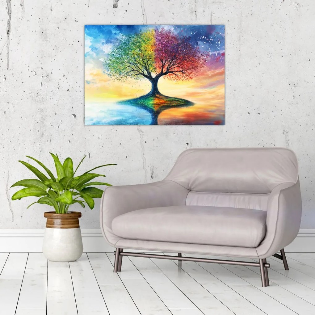 Tablou pe sticlă – Arbore pictat al anotimpurilor (70x50 cm)