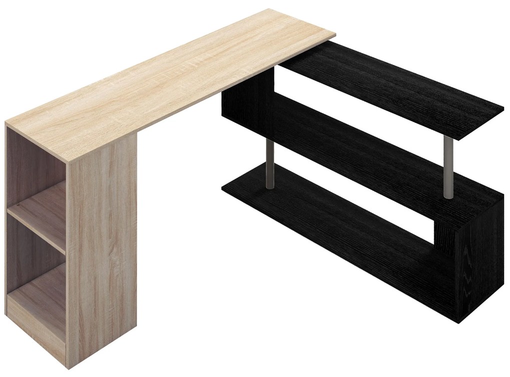 HOMCOM Birou de Colț cu Raft în Formă de S, Birou Modern din Lemn, 140x120x78 cm, Lemn Natural | Aosom Romania