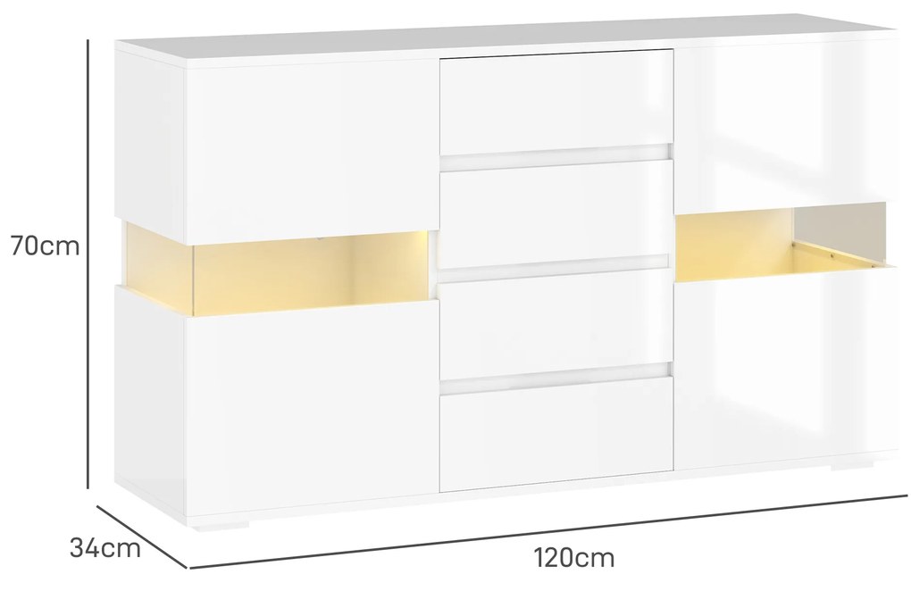 HOMCOM Bufet cu Lumini LED Reglabile prin Telecomandă, Mobilier de Sufragerie cu 4 Sertare și 2 Dulapuri, 120x34x70 cm, Alb | Aosom Romania