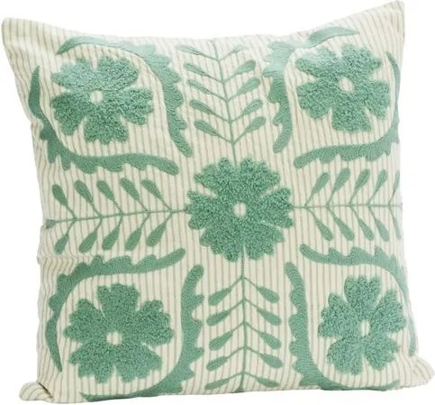 Față de pernă din bumbac brodată manual cu motive suzani, 45×45 cm, „Suzani Green"
