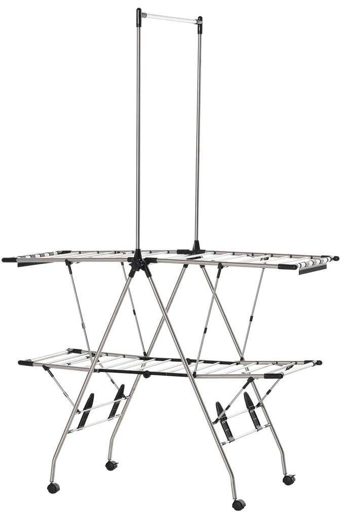 HOMCOM Uscător de rufe cu suport pliabil și roți, spațiu mare de uscare, oțel inoxidabil 138,5 x 63 x 208 cm argintiu negru | Aosom Romania