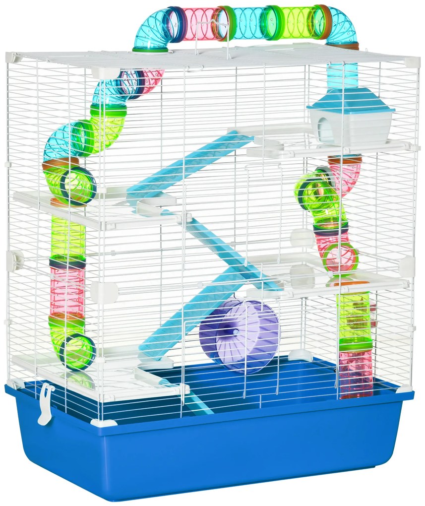 PawHut Cuștă pentru Hamsteri cu 5 Nivele, Tuburi, Căsuță, Rezervor de Apă, Rampe și Roată, 59x36x69 cm, Albastră | Aosom Romania