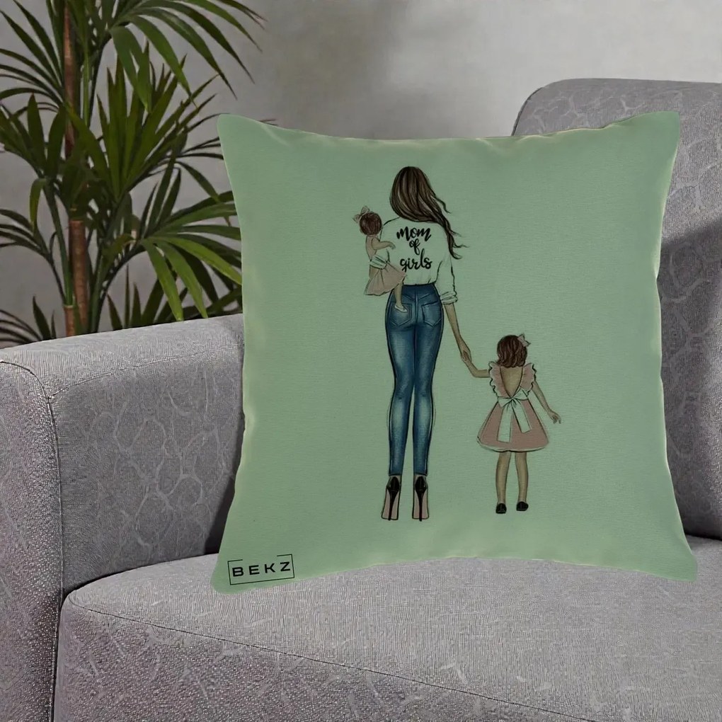 Cadou pentru Mama - Perna Personalizata Mom of Girls Mama cu Fetele, 40x40 cm, Verde, Husa Detasabila, Perna Inclusa, BEKZ®