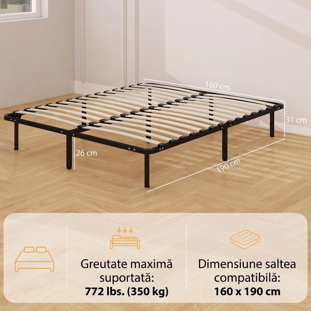 HOMCOM Pat Matrimonial Industrial cu 28 de Doghe și Spațiu de Depozitare, din Lemn și Oțel, 190x160x31 cm, Negru și Lemn | Aosom Romania