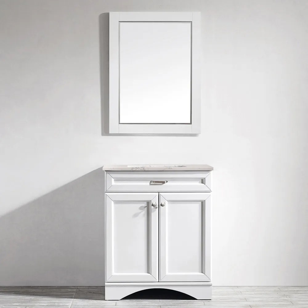 Set mobilier baie, dulap lemn 2 usi cu lavoar, blat quartz + oglinda rama lemn, Porto 76.2x55.8x86 cm, alb