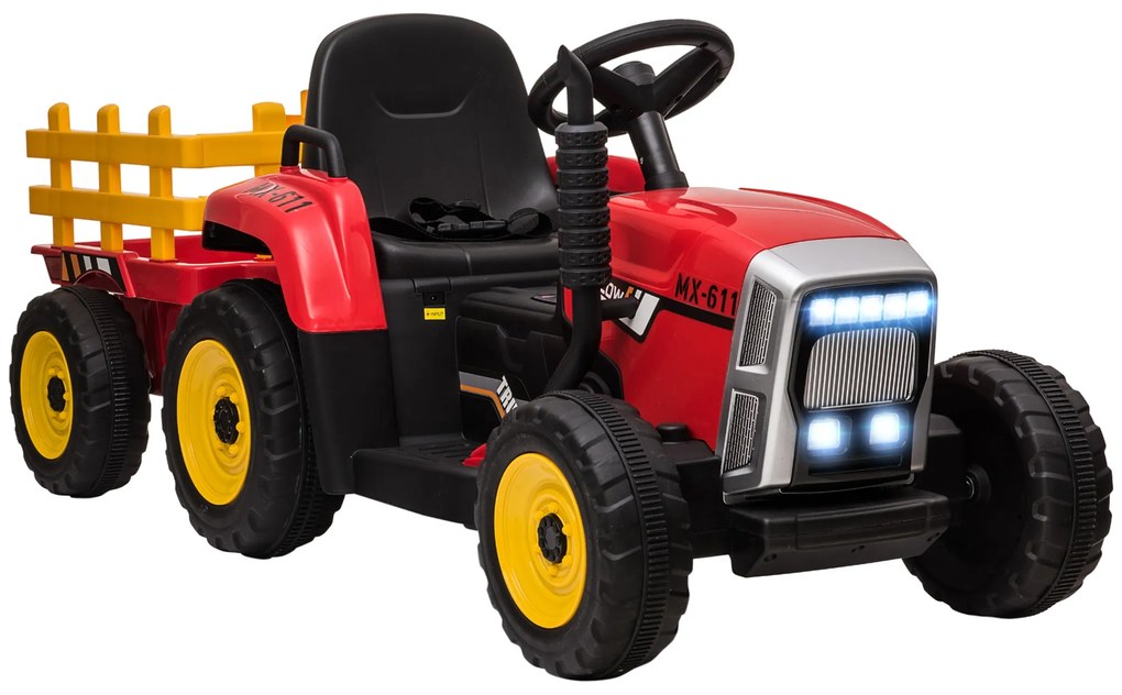 HOMCOM Tractor Electric pentru Copii cu Remorcă Detașabilă, Telecomandă și Lumini, pentru Copii 3-6 Ani, 136,5x50x52,5 cm, Roșu | Aosom Romania