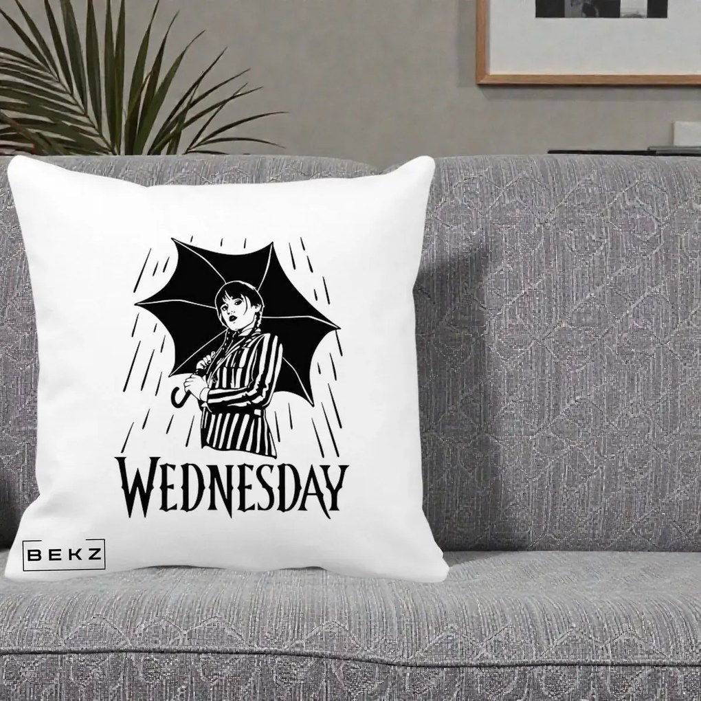 Perna Personalizata Wednesday cu Umbrela Ploaie Lineart, 40x40 cm, Alba Mata, Husa Detasabila, Perna Inclusa, BEKZ®